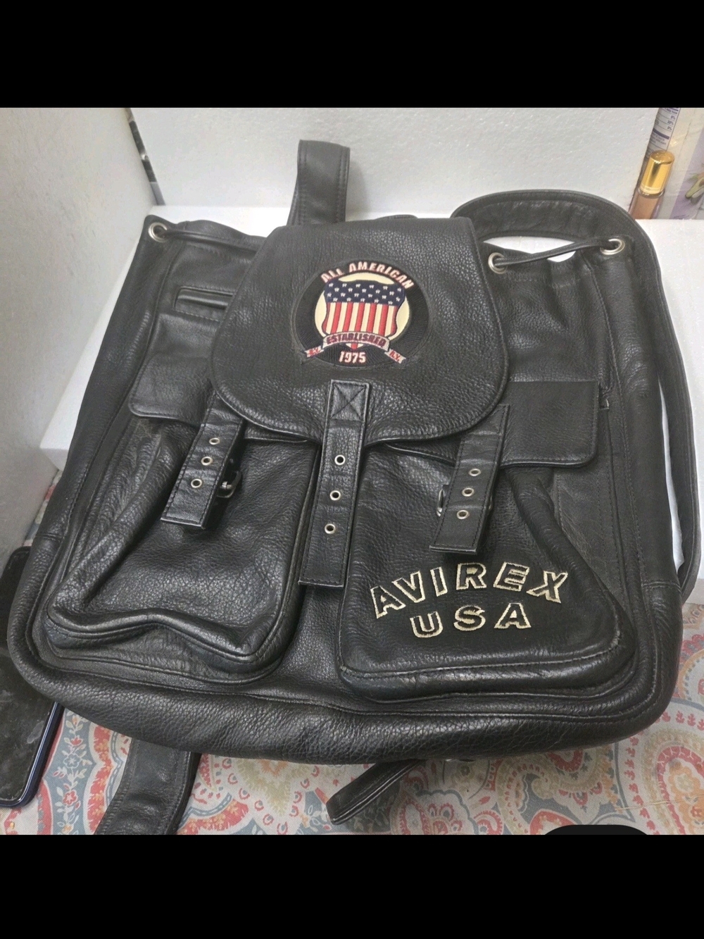 Avirex Black Leather Vtg Backpack with USA Patch